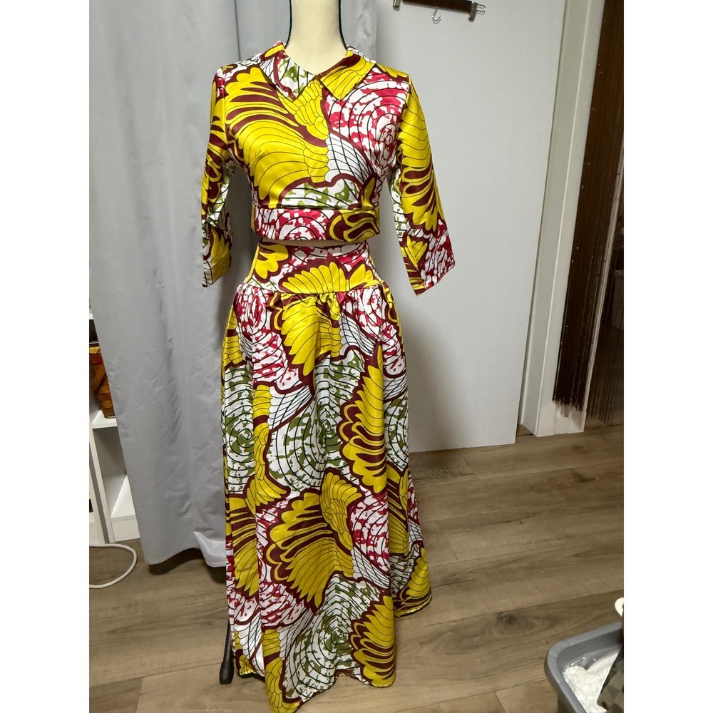 Yellow African Wax Print 2 Piece Set Crop Top Maxi Skirt Poly Cotton Yellow Red